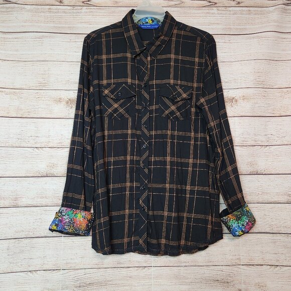 Georg Roth Los Angeles Metallic Brown Button Down Shirt Colorful Cuffs Women's L - Picture 1 of 16